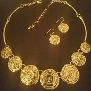 Gold Tone Necklace and Pierced Earrings